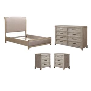 Pemberly Row Set of 4 Queen Panel Bed & Dresser & Nightstands in Washed Taupe