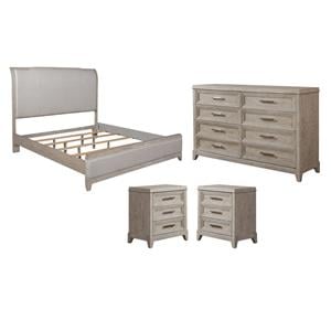 Pemberly Row Set of 4 King Panel Bed & Dresser & Nightstands in Washed Taupe