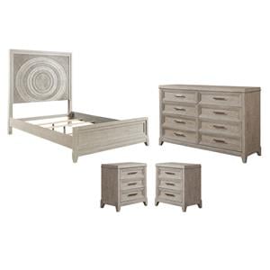 Pemberly Row Set of 4 Queen Panel Bed & Dresser & Nightstands in Washed Taupe