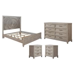 Pemberly Row Set of 4 King Panel Bed & Dresser & Nightstands in Washed Taupe