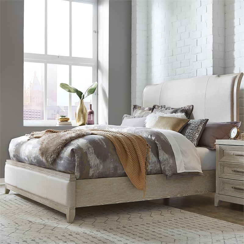 Pemberly Row Set of 3 Queen Upholstered Bed & Nightstands in Washed Taupe
