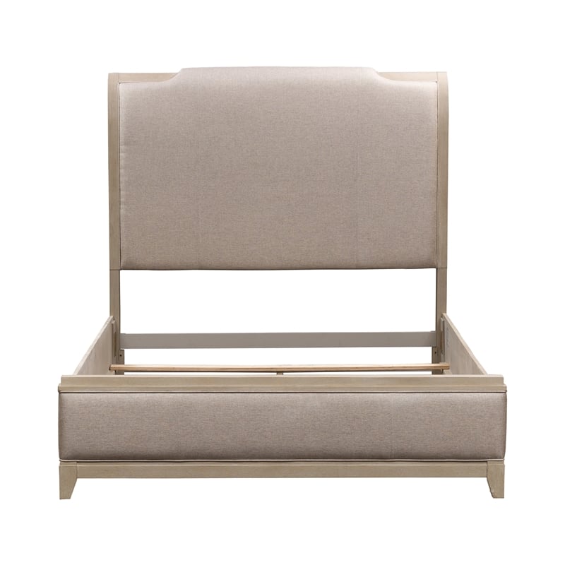 Pemberly Row Set of 3 Queen Upholstered Bed & Nightstands in Washed Taupe