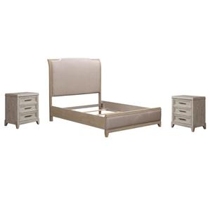 Pemberly Row Set of 3 Queen Upholstered Bed & Nightstands in Washed Taupe