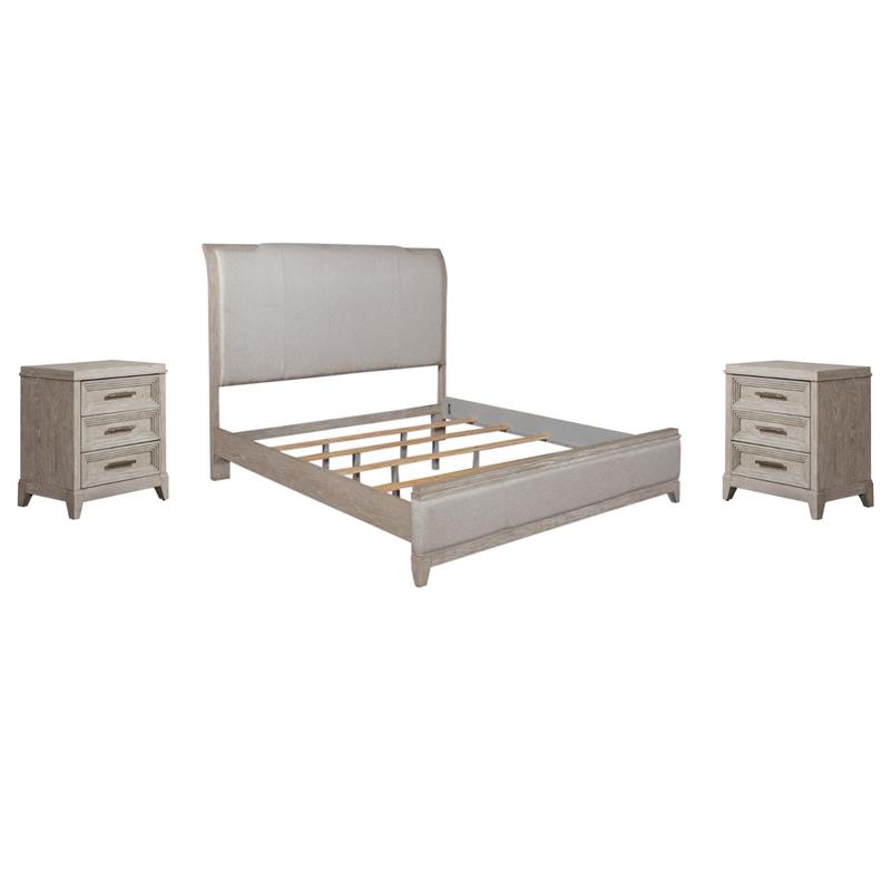 Pemberly Row Set of 3 King Upholstered Bed & Nightstands in Washed Taupe