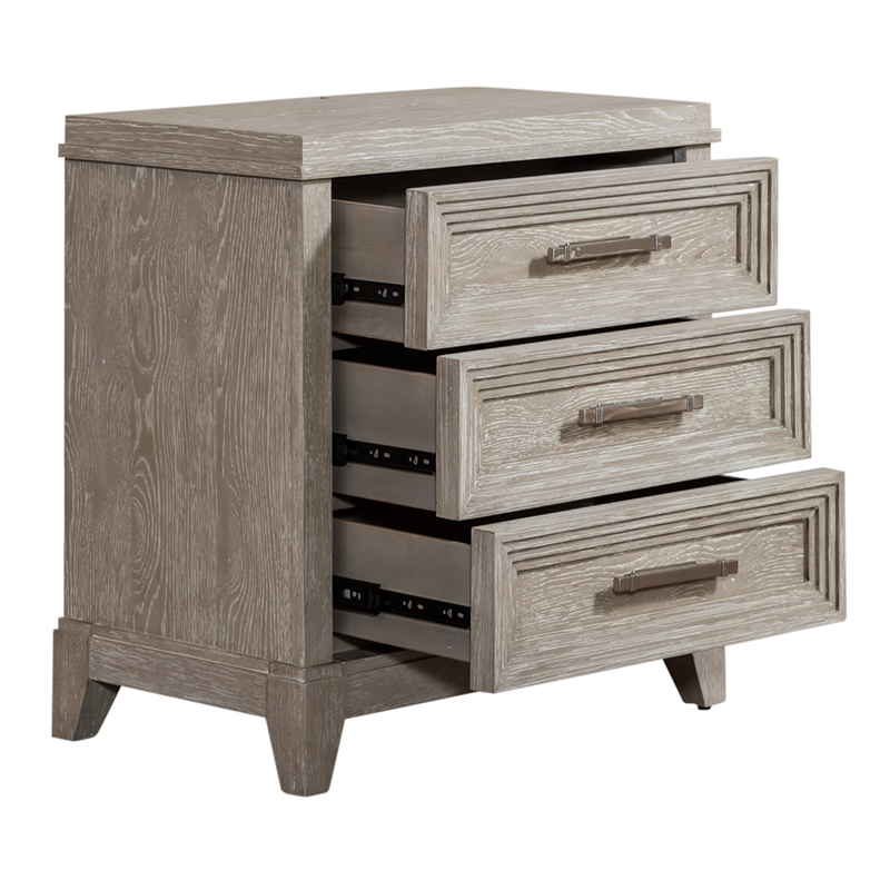 Pemberly Row Set of 3 Queen Panel Bed & Nightstands in Washed Taupe