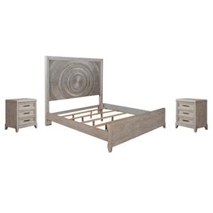 Pemberly Row Set of 3 King Panel Bed & Nightstands in Washed Taupe