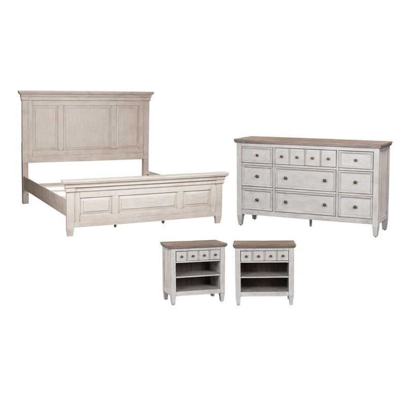 Pemberly Row Set of 4 King Panel Bed & Dresser & Nightstands w/ Charging Station