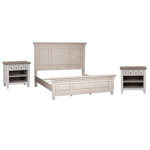 Pemberly Row Set of 3 White King Panel Bed & Nightstands with Charging Station