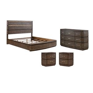 Pemberly Row Set of 4 Queen Panel Bed & Dresser & Nightstands in Brown