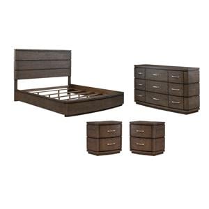 Pemberly Row Set of 4 King Panel Bed & Dresser & Nightstands in Brown