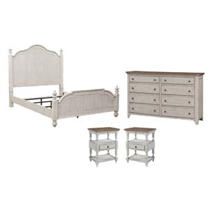 Pemberly Row Set of 4 Farmhouse White Queen Poster Bed & Dresser & Nightstands