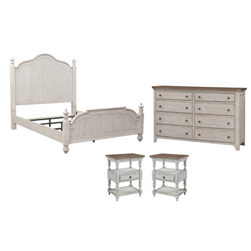 Pemberly Row Set of 4 Farmhouse White King Poster Bed & Dresser & Nightstands
