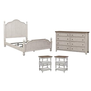 Pemberly Row Set of 4 Farmhouse White King Poster Bed & Dresser & Nightstands