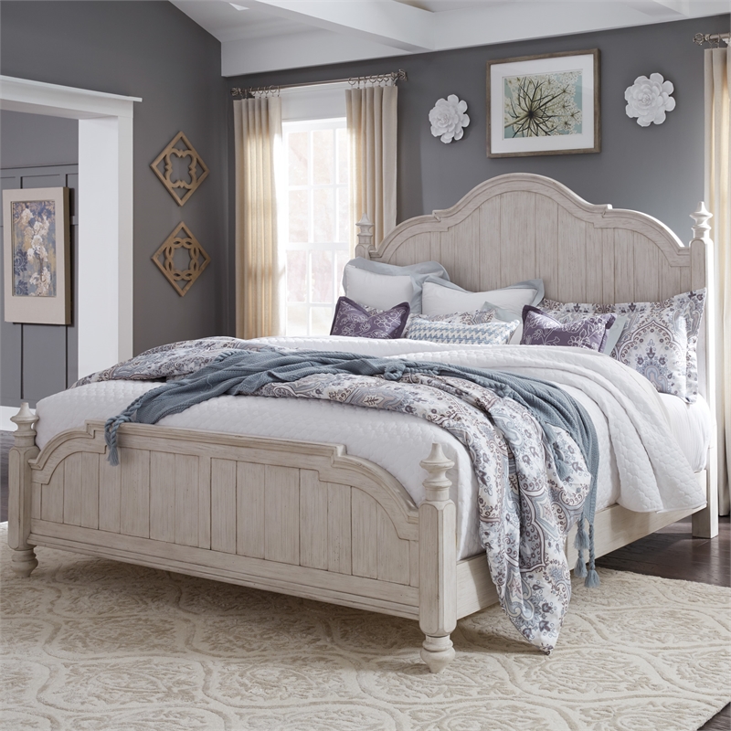 Pemberly Row Set of 4 Farmhouse White Queen Poster Bed & Dresser & Nightstands