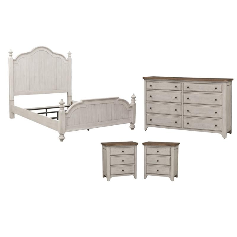 Pemberly Row Set of 4 Farmhouse White Queen Poster Bed & Dresser & Nightstands