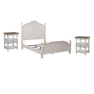 Pemberly Row Set of 3 Farmhouse Reimagined White Queen Poster Bed & Nightstands