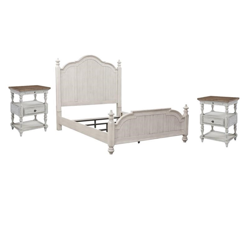 Pemberly Row Set of 3 Farmhouse Reimagined White King Poster Bed & Nightstands