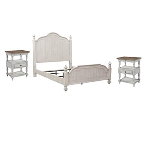 Pemberly Row Set of 3 Farmhouse Reimagined White King Poster Bed & Nightstands
