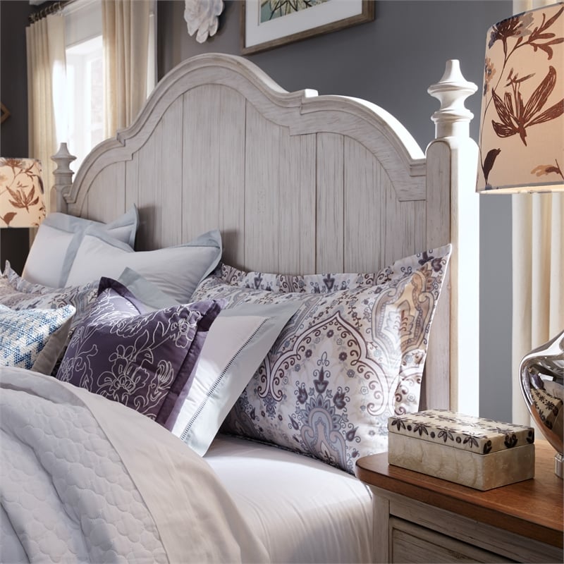 Pemberly Row Set of 3 White Queen Poster Bed & Nightstands with Charging Station