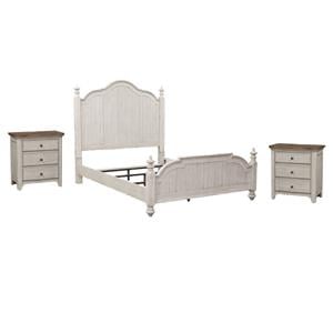 Pemberly Row Set of 3 White Queen Poster Bed & Nightstands with Charging Station