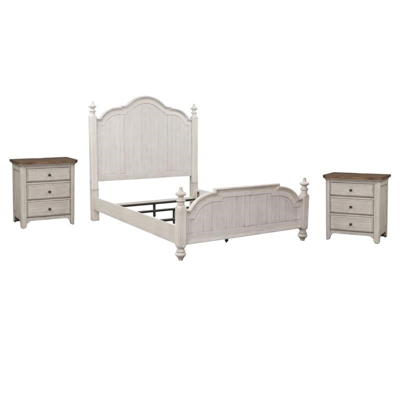 Pemberly Row Set of 3 White King Poster Bed & Nightstands with Charging Station