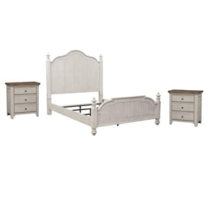 Pemberly Row Set of 3 White King Poster Bed & Nightstands with Charging Station