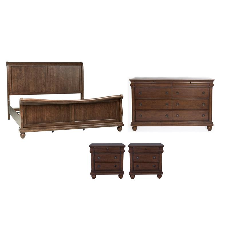 Pemberly Row Set of 4 Rustic Cherry Queen Sleigh Bed & Dresser & Nightstands