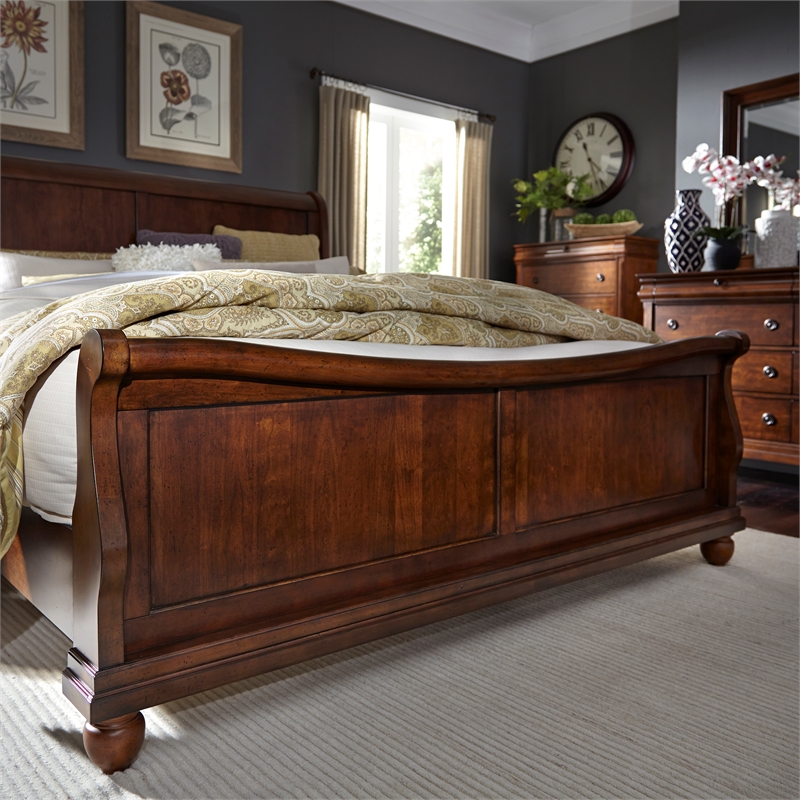 Pemberly Row Set of 4 Rustic Cherry King Sleigh Bed & Dresser & Nightstands