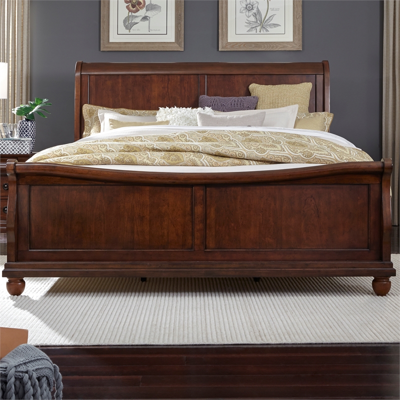 Pemberly Row Set of 4 Rustic Cherry King Sleigh Bed & Dresser & Nightstands