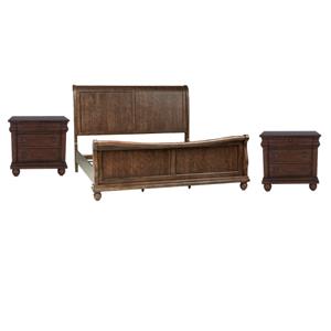 Pemberly Row Set of 3 Rustic Cherry Queen Sleigh Bed & Nightstands