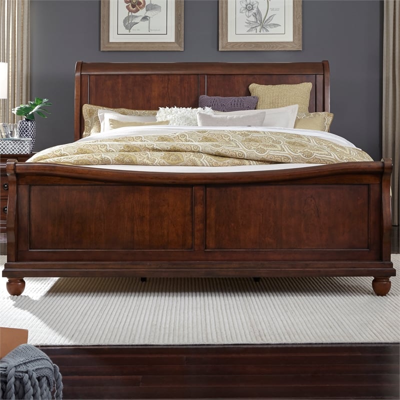 Pemberly Row Set of 3 Rustic Cherry King Sleigh Bed & Nightstands
