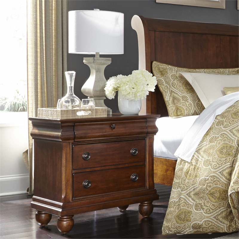 Pemberly Row Set of 3 Rustic Cherry King Sleigh Bed & Nightstands