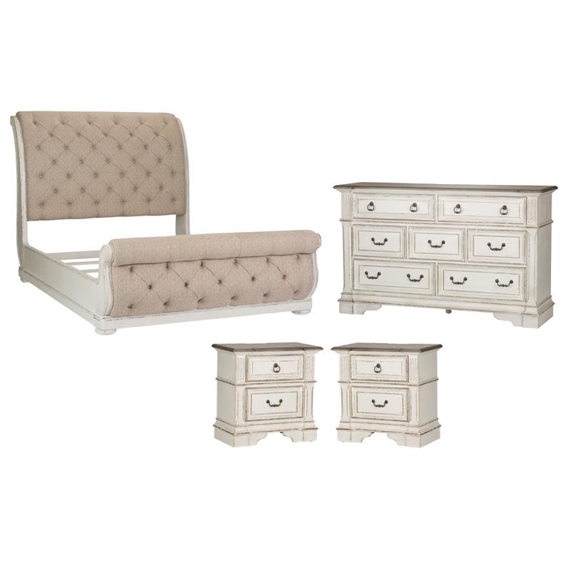 Pemberly Row Set of 4 White Queen Sleigh Bed & Dresser & Nightstands