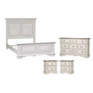 Pemberly Row Set of 4 White Queen Panel Bed & Dresser & Nightstands
