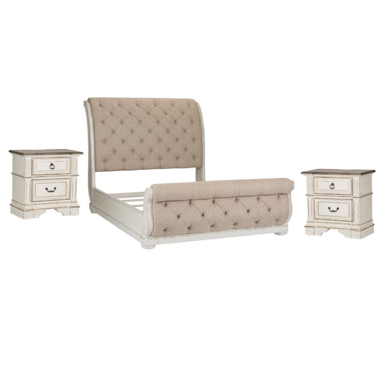 Pemberly Row Set of 3 White Queen Sleigh Bed & Nightstands with Charging Station