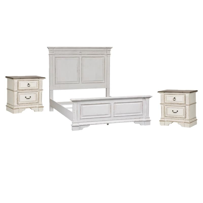 Pemberly Row Set of 3 White Queen Panel Bed & Nightstands with Charging Station