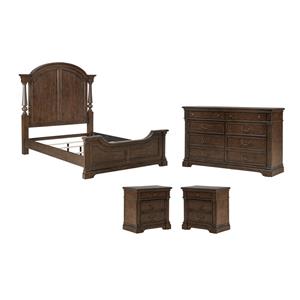 Pemberly Row Set of 4 Queen Poster Bed & Dresser & Nightstands in Cherry