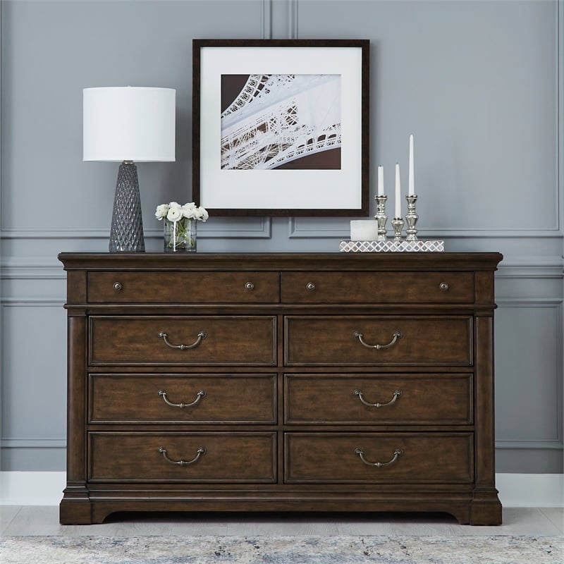Pemberly Row Set of 4 King Poster Bed & Dresser & Nightstands in Cherry