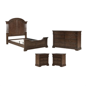 Pemberly Row Set of 4 King Poster Bed & Dresser & Nightstands in Cherry