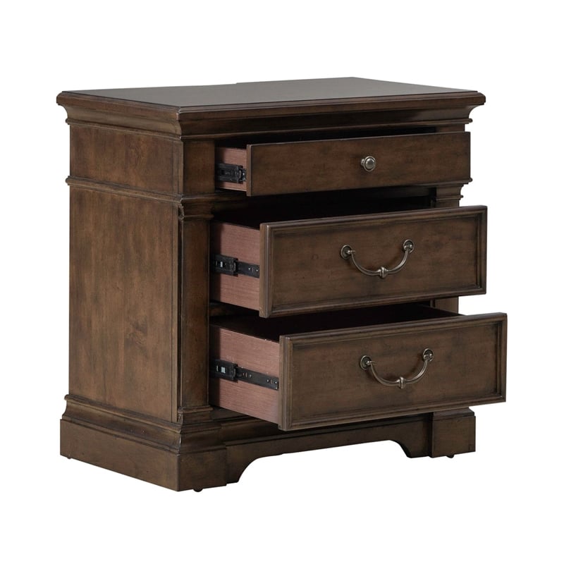 Pemberly Row Set of 3 King Poster Bed & Nightstands w/ Charging Station - Cherry