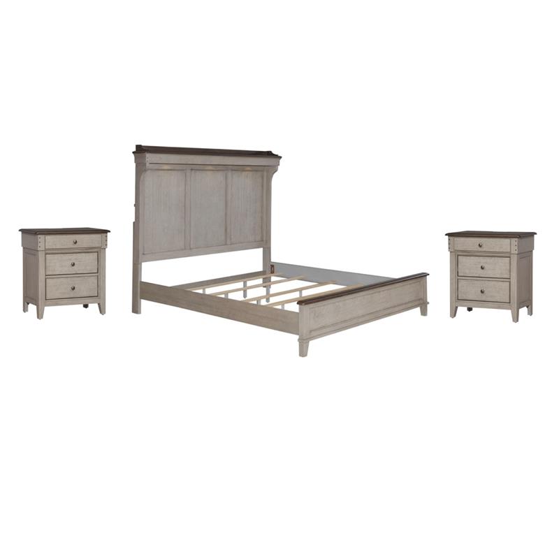 Pemberly Row Set of 3 King Mantle Storage Bed & Nightstands w/ Charging Station