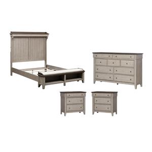 Pemberly Row Set of 4 Queen Mantle Storage Bed & Dresser & Chests