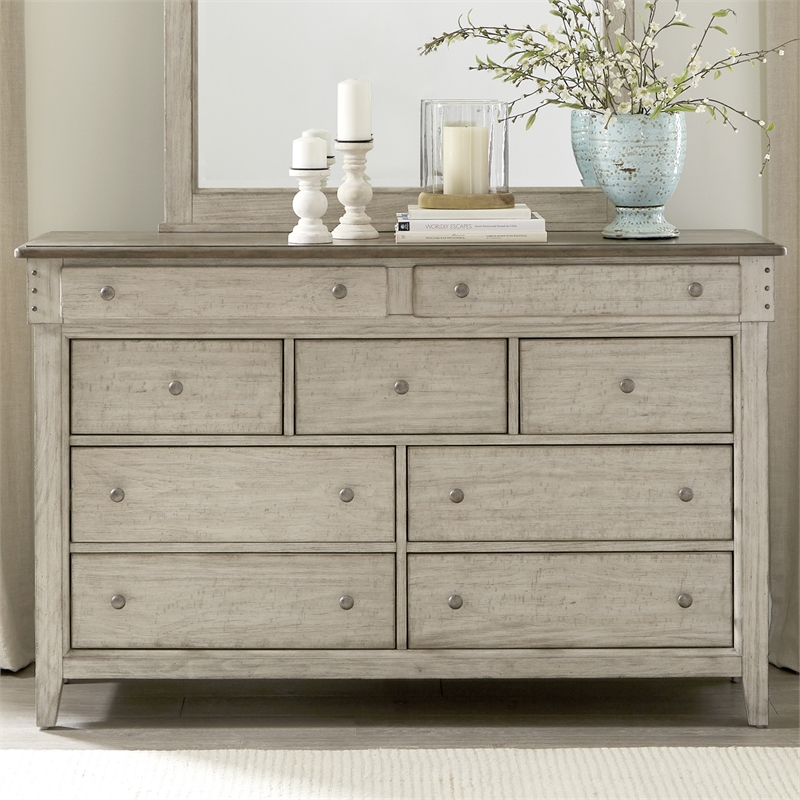 Pemberly Row Set of 4 Queen Panel Bed & Dresser & Nightstands in Weathered Linen