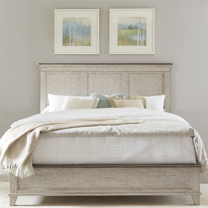 Pemberly Row Set of 4 Queen Panel Bed & Dresser & Nightstands in Weathered Linen