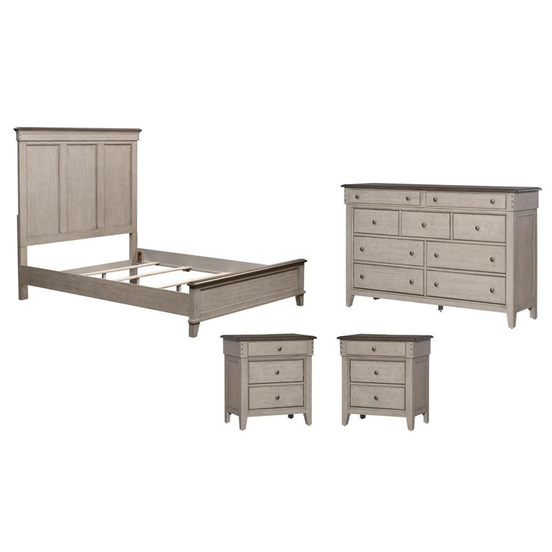 Pemberly Row Set of 4 Queen Panel Bed & Dresser & Nightstands in Weathered Linen