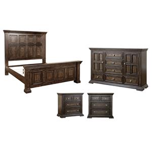 Pemberly Row Set of 4 Queen Panel Bed & Dresser & Chests with Charging Station