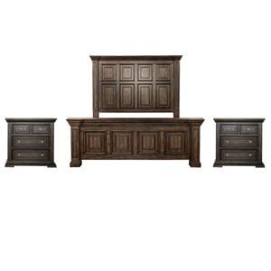Pemberly Row Set of 3 Light Brown Queen Panel Bed & Chests with Charging Station
