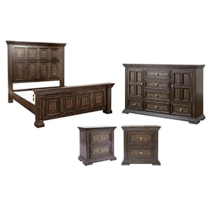 Pemberly Row Set of 4 King Panel Bed & Dresser & Nightstands w/ Charging Station