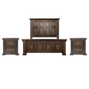 Pemberly Row Set of 3 Brown Queen Panel Bed & Nightstands with Charging Station
