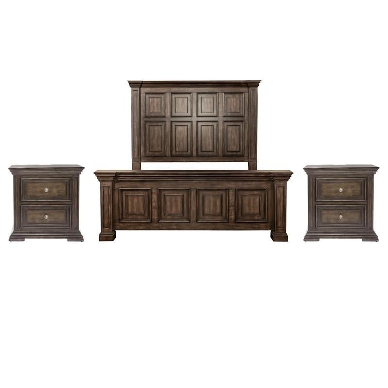 Pemberly Row Set of 3 Brown King Panel Bed & Nightstands with Charging Station